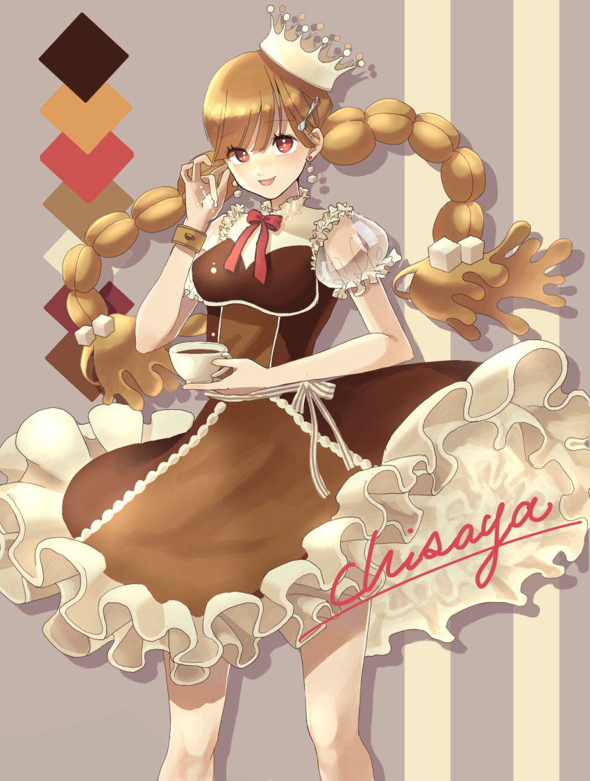 1girl bracelet braid breasts brown_dress brown_hair coffee crown cube_earrings cup dress dripping earrings grey_background highres jewelry medium_breasts original personification red_eyes see-through short_sleeves spoon_hair_ornament standing sugar_cube_hair_ornament twintails yuzor_a_rancia