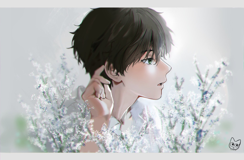 1boy bangs black_hair blurry flower from_side green_eyes hair_between_eyes hand_up highres hyouka letterboxed male_focus mery_(yangmalgage) open_mouth oreki_houtarou profile shirt solo upper_body white_flower