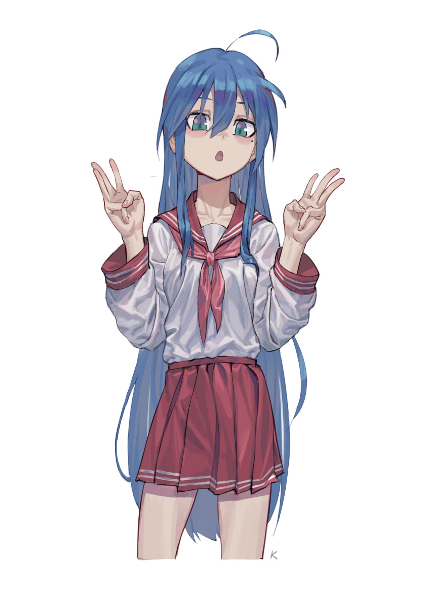 1girl :o absurdres ahoge bangs blue_hair collarbone commentary cropped_legs double_w fingernails green_eyes hair_between_eyes hands highres izumi_konata long_hair long_sleeves looking_at_viewer lucky_star max-k mole mole_under_eye neckerchief open_mouth pink_neckwear pleated_skirt red_sailor_collar red_skirt ryouou_school_uniform sailor_collar school_uniform serafuku shirt shirt_tucked_in simple_background skirt solo standing symbol_commentary very_long_hair w white_background white_shirt