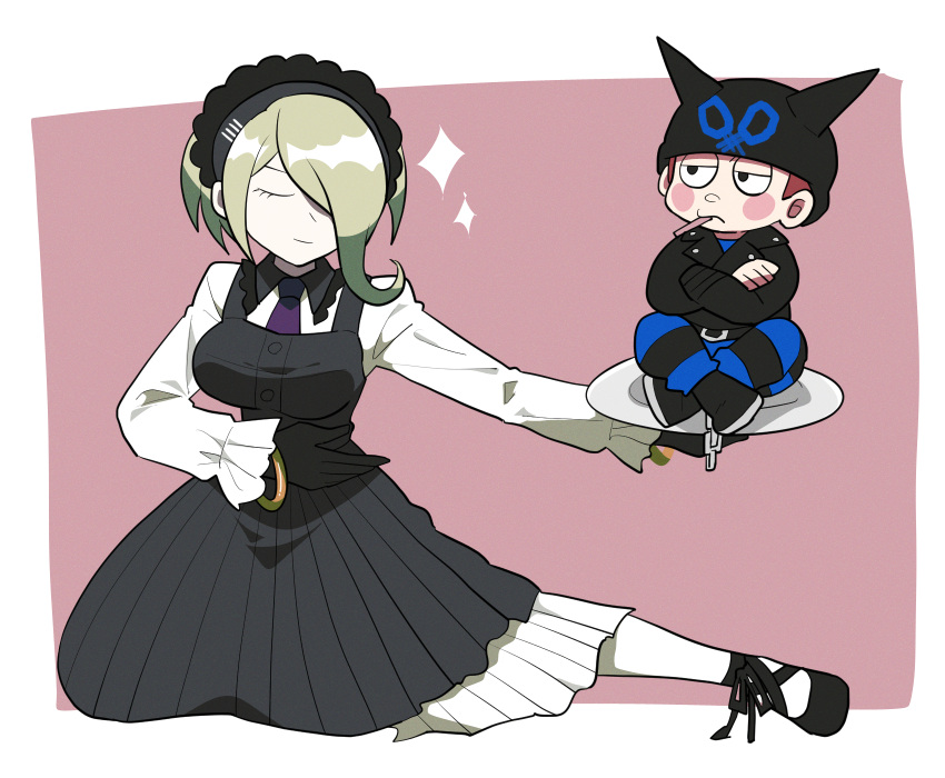 1boy 1girl apron bangs black_footwear black_gloves blush_stickers breasts brown_hair chain closed_eyes closed_mouth commentary_request crossed_arms dangan_ronpa_(series) dangan_ronpa_v3:_killing_harmony dress furukawa_(yomawari) gloves hat height_difference highres holding holding_plate horned_headwear hoshi_ryouma jacket large_breasts leather leather_jacket long_sleeves maid maid_headdress necktie pants pantyhose pinafore_dress pink_background plate shiny shiny_hair shirt shoes short_hair skirt sparkle striped striped_pants toujou_kirumi