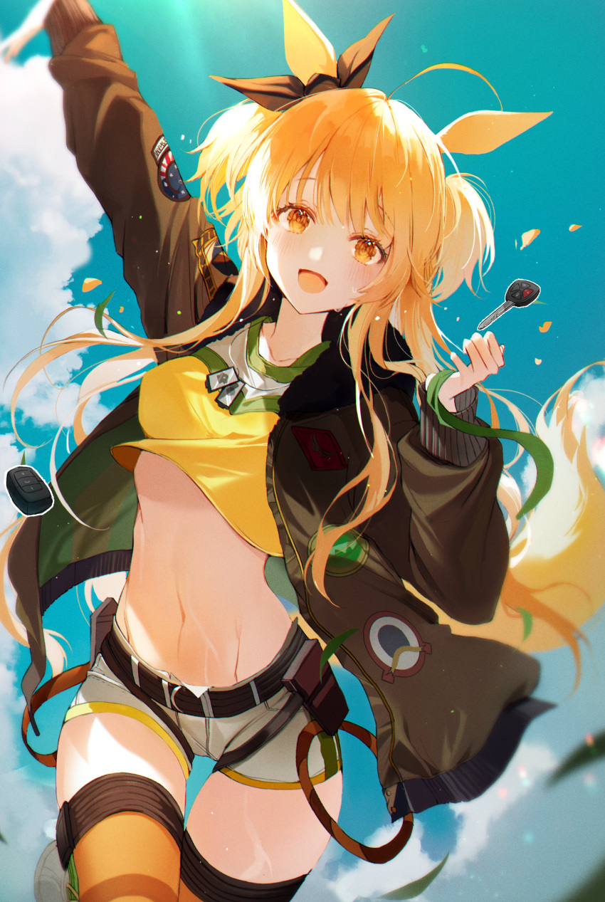 1girl 2sham absurdres ahoge animal_ears arm_up blue_sky breasts brown_eyes brown_hair brown_jacket brown_legwear brown_ribbon clouds commentary_request crop_top day dog_tags ear_ribbon groin highres horse_ears horse_girl horse_tail huge_filesize jacket key long_hair long_sleeves looking_at_viewer mayano_top_gun_(umamusume) midriff navel open_clothes open_jacket outdoors ribbon shirt short_shorts shorts sky small_breasts solo tail thigh-highs thigh_gap twintails two_side_up umamusume very_long_hair white_shorts yellow_shirt