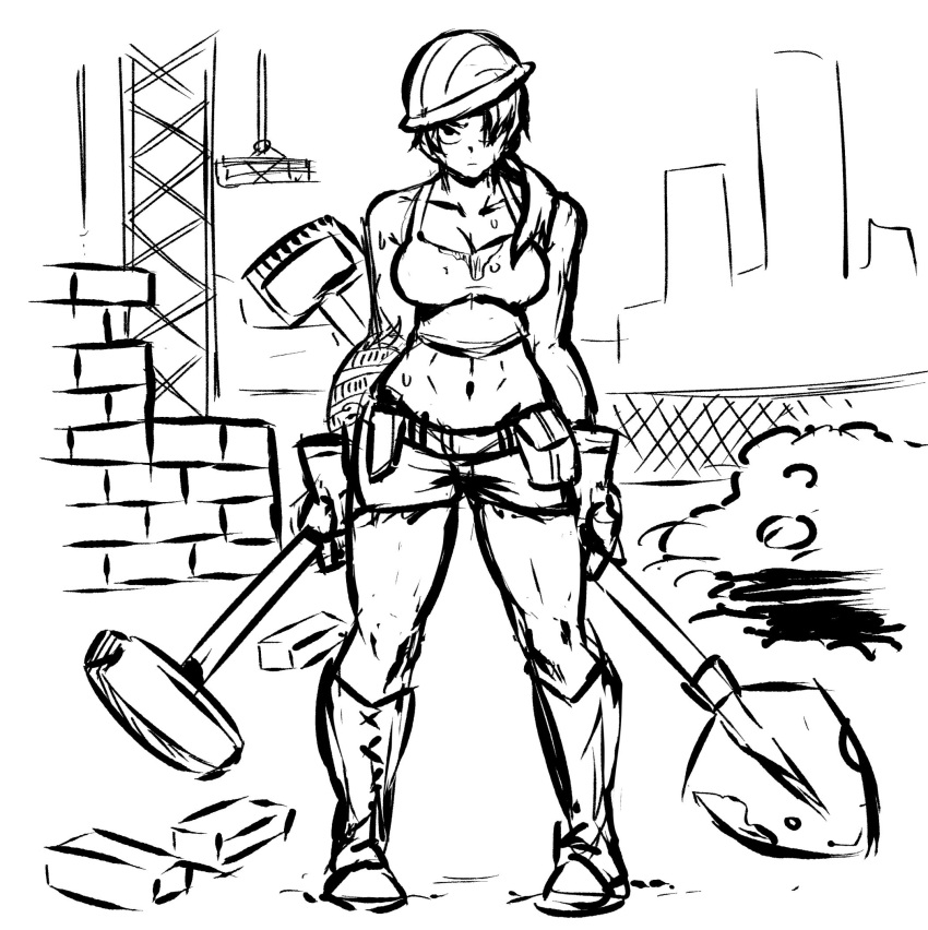 1girl akairiot boots brick construction_site construction_worker crop_top full_body gloves greyscale hair_over_one_eye helmet highres holding holding_shovel long_hair looking_at_viewer midriff monochrome navel original ponytail shorts shovel solo standing sweat