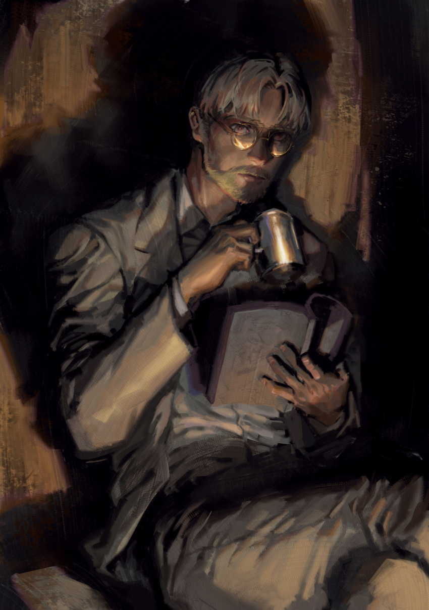 1boy beard blonde_hair book che_(cyan_crown) cup facial_hair glasses highres holding holding_book holding_cup jacket male_focus mustache shingeki_no_kyojin shirt sitting solo white_shirt zeke_yeager
