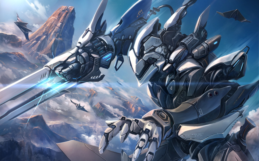 aircraft airplane arm_blade blue_sky clouds commentary cowboy_shot dutch_angle energy hose mecha military military_vehicle mountain original outdoors outstretched_arm reaching scenery science_fiction sky soraizumi sword weapon