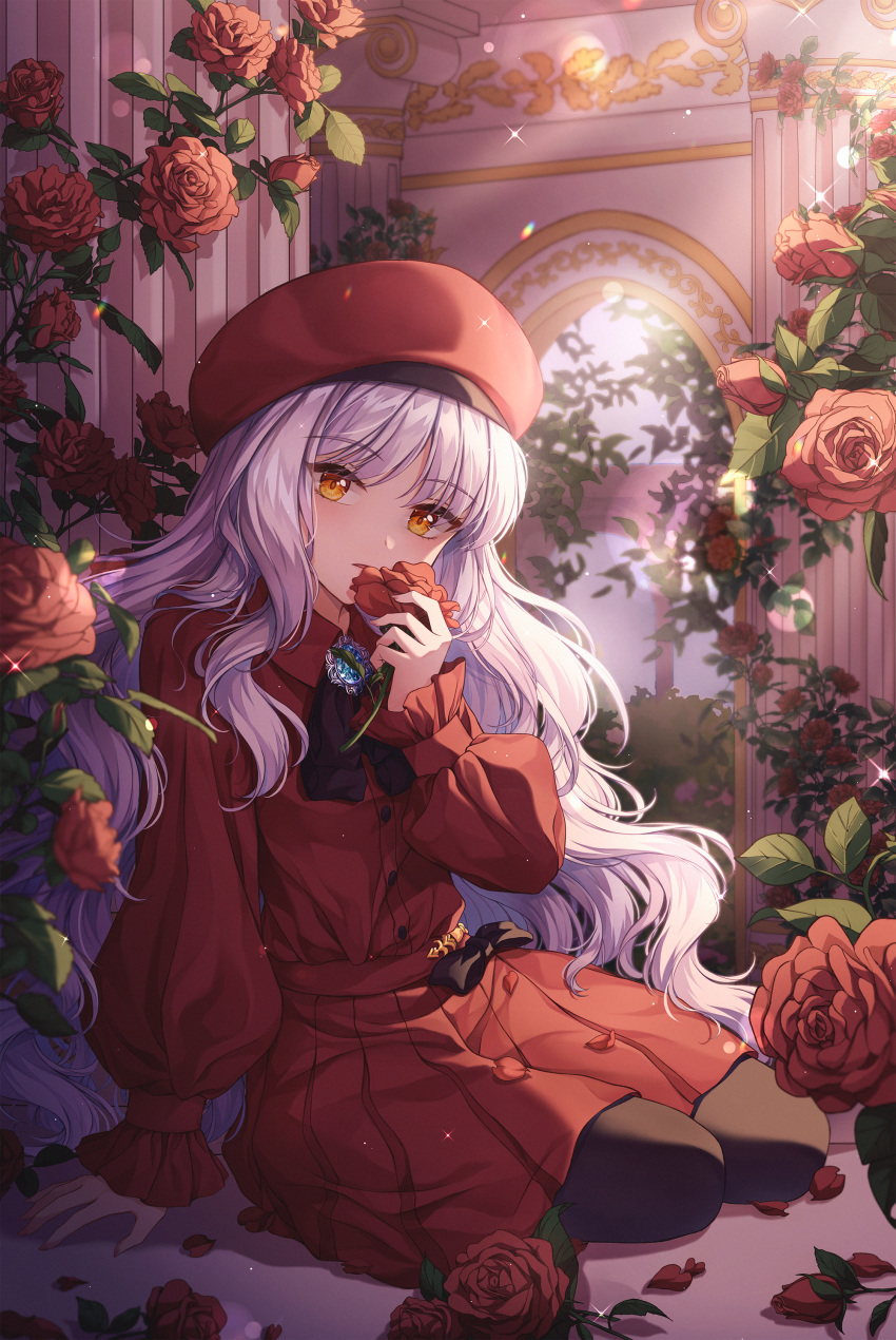 1girl absurdres bangs beret black_legwear breasts brooch caren_hortensia caren_hortensia_(amor_caren) dress fate/grand_order fate_(series) flower hat highres huge_filesize iyar jewelry light_rays long_hair long_sleeves looking_at_viewer medium_breasts neck_ribbon open_mouth pantyhose red_dress red_headwear ribbon rose sitting sparkle thighs wavy_hair white_hair yellow_eyes