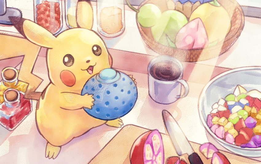 :3 :d berry_(pokemon) bottle bowl coffee_mug commentary crimson_(cxrss377) cup cutting_board food fruit fruit_basket fruit_bowl full_body gen_1_pokemon grepa_berry happy holding holding_food holding_fruit indoors kitchen knife light_rays looking_to_the_side mug no_humans open_mouth oran_berry pecha_berry pikachu pokemon pokemon_(creature) shadow smile solo standing sunbeam sunlight wepear_berry