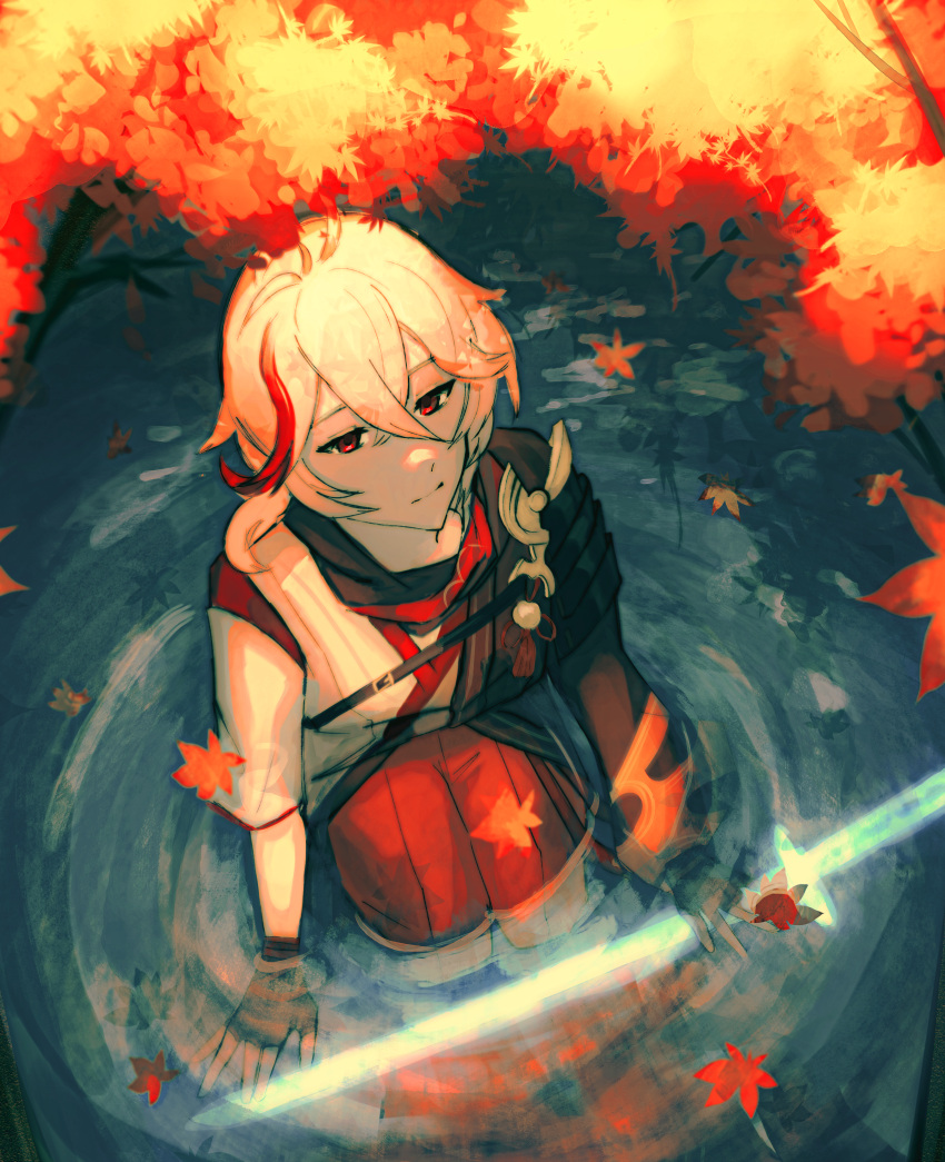 1boy absurdres ahoge genshin_impact highres japanese_clothes katana kazuha_(genshin_impact) leaf looking_up male_focus maple_leaf md5_mismatch outdoors red_eyes solo somber sword water weapon white_hair