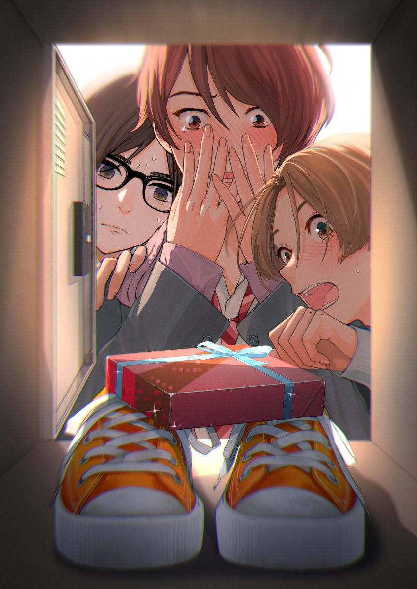 3boys :o absurdres blush brown_eyes brown_hair embarrassed gift glasses hands_up highres macaronk male_focus multiple_boys necktie orange_footwear original school_uniform shoe_locker shoes sneakers sweatdrop valentine