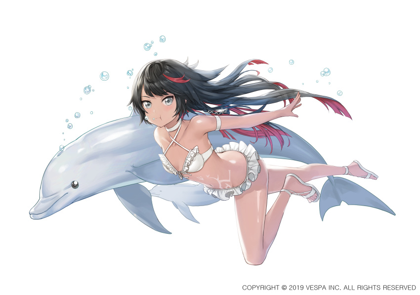 1girl :t air_bubble animal armband bare_shoulders bikini bikini_skirt black_hair breasts bubble choker criss-cross_halter dark_skin dolphin fish frilled_bikini frills front-tie_bikini front-tie_top full_body grey_eyes halterneck highres jaeyun king's_raid long_hair looking_at_viewer multicolored_hair nia_(king's_raid) official_art outstretched_arm sandals simple_background small_breasts solo stomach_tattoo streaked_hair string_bikini swimsuit tattoo thighs two-tone_hair very_long_hair white_background white_bikini white_choker
