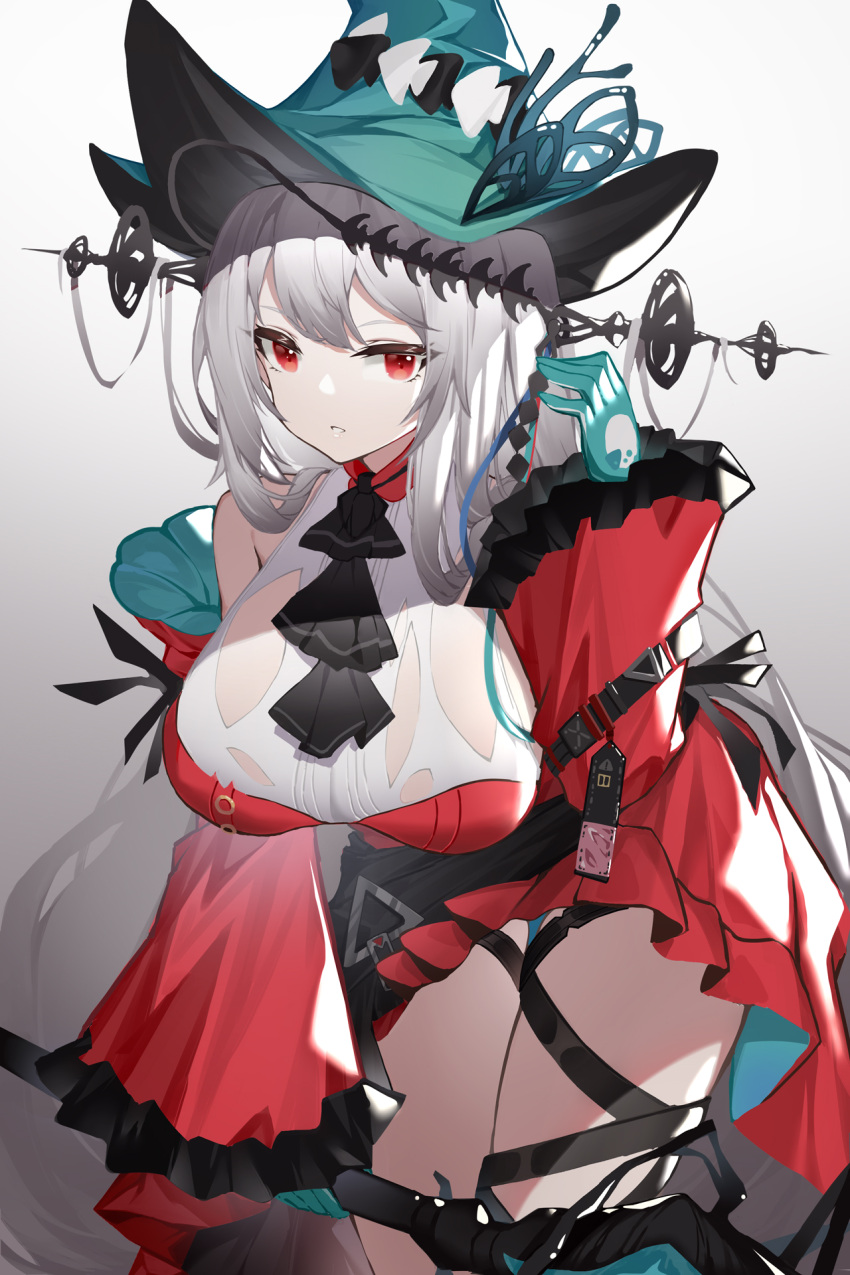 1girl aqua_gloves aqua_headwear arknights bangs bare_shoulders black_ribbon breasts commentary_request cowboy_shot dress gloves hair_between_eyes hand_up hat headgear highres holding holding_staff infection_monitor_(arknights) large_breasts leg_ribbon long_hair long_sleeves looking_at_viewer parted_lips red_dress red_eyes ribbon short_dress silver_hair skadi_(arknights) skadi_the_corrupting_heart_(arknights) solo staff thighs very_long_hair yuxian_youka