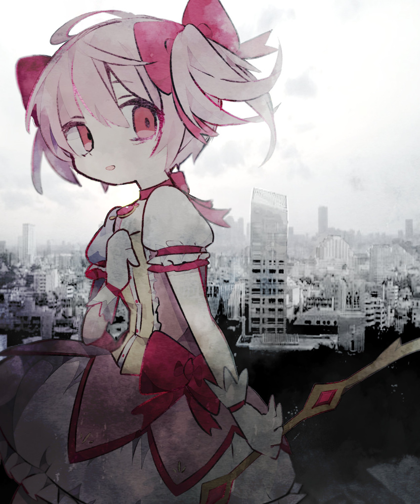1girl absurdres bow bow_(weapon) bubble_skirt building choker city cityscape dress frilled_dress frills gloves grey_background hair_between_eyes hair_ribbon hand_on_own_chest highres kaname_madoka magical_girl mahou_shoujo_madoka_magica pink_dress pink_eyes pink_hair pink_ribbon ribbon skirt sky soresaki weapon white_gloves