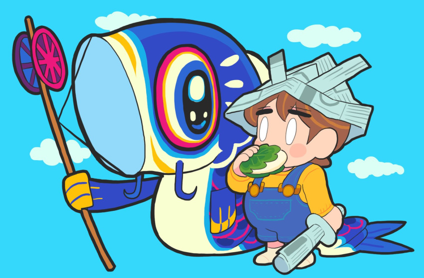 ambiguous_gender blue_background blue_overalls brown_hair child clouds eating food gashi-gashi highres holding holding_food holding_newspaper koinobori long_sleeves newspaper original paper_hat paper_kabuto shirt short_hair socks white_eyes white_legwear yellow_shirt