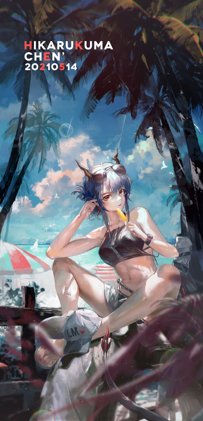 1girl absurdres arknights artist_name bangs bare_legs bare_shoulders baseball_cap beach bikini black_bikini blue_hair breasts ch'en_(arknights) character_name commentary dated day daylightallure dragon_girl dragon_horns dragon_tail earphones eyewear_on_head food full_body grey_headwear hair_between_eyes hat headwear_removed highres holding holding_food horns long_hair looking_at_viewer medium_breasts navel outdoors popsicle red_eyes sandals sitting solo stomach sunglasses swimsuit tail watch watch