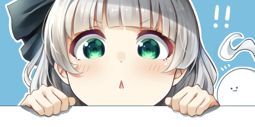 1girl :3 bangs blue_background blunt_bangs blush commentary_request eyebrows_visible_through_hair face green_eyes hair_ribbon hands highres hitodama konpaku_youmu konpaku_youmu_(ghost) looking_at_viewer outline pegashi ribbon short_hair silver_hair simple_background solo touhou triangle_mouth v-shaped_eyebrows white_outline