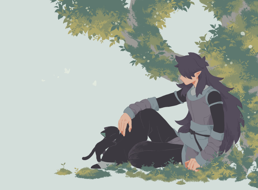 2boys black_cat black_hair black_pants bug butterfly cat fengxi_(the_legend_of_luoxiaohei) flower grey_background insect leaf long_hair long_sleeves luoxiaohei multiple_boys pants plant pointy_ears simple_background sirakaro the_legend_of_luo_xiaohei tree