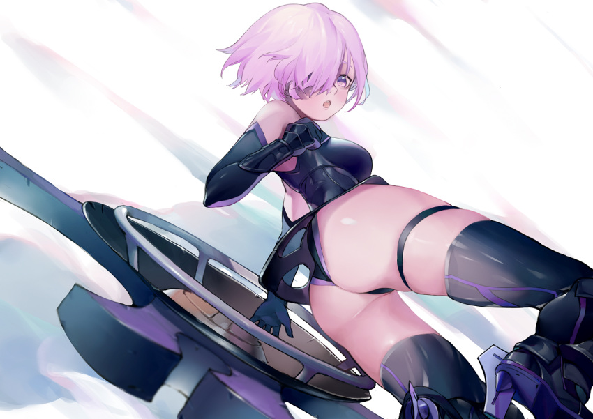 1girl armor ass bare_shoulders black_gloves black_legwear boobplate breastplate elbow_gloves fate/grand_order fate_(series) g_li gauntlets gloves greaves hair_over_one_eye high_heels looking_at_viewer mash_kyrielight open_mouth purple_hair shield short_hair skindentation solo thigh-highs thigh_strap twisted_torso violet_eyes
