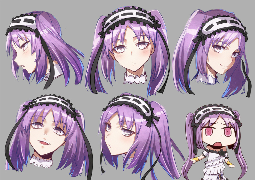 1girl bangs blush breasts chibi closed_mouth collarbone dress expression_chart fate/hollow_ataraxia fate_(series) frilled_hairband frills hairband long_hair looking_at_viewer minami_koyogi multiple_views open_mouth parted_bangs parted_lips purple_hair riyo_(lyomsnpmp)_(style) shaded_face sidelocks small_breasts smile stheno_(fate) twintails very_long_hair violet_eyes white_dress