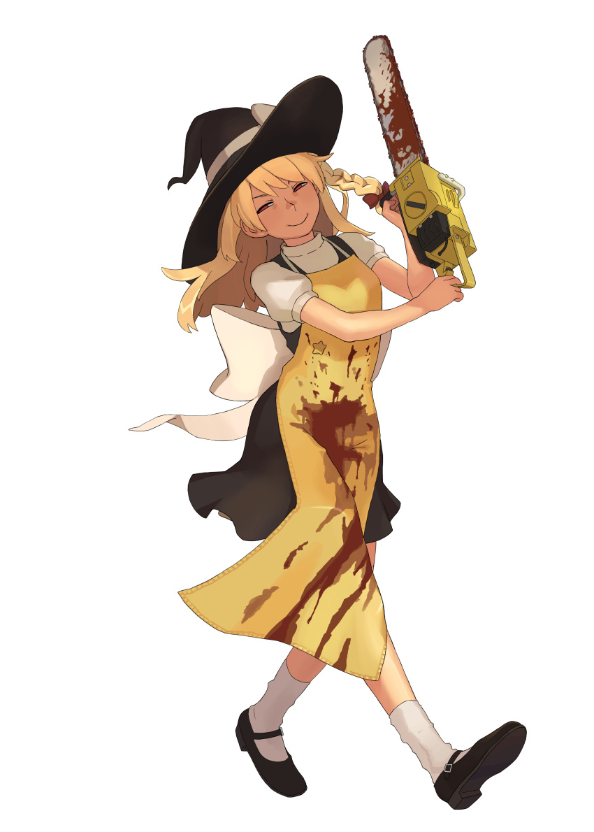 1girl absurdres apron bangs black_footwear black_headwear black_skirt black_vest blonde_hair blood bloody_clothes bloody_weapon bow braid chainsaw closed_mouth commentary_request cookie_(touhou) dinoswift full_body hair_bow hat hat_bow highres holding_chainsaw kirisame_marisa long_hair looking_at_viewer puffy_short_sleeves puffy_sleeves red_bow red_eyes shirt shoes short_sleeves side_braid single_braid skirt smile socks solo star_(symbol) suzu_(cookie) touhou transparent_background vest walking weapon white_bow white_legwear white_shirt witch_hat yellow_apron