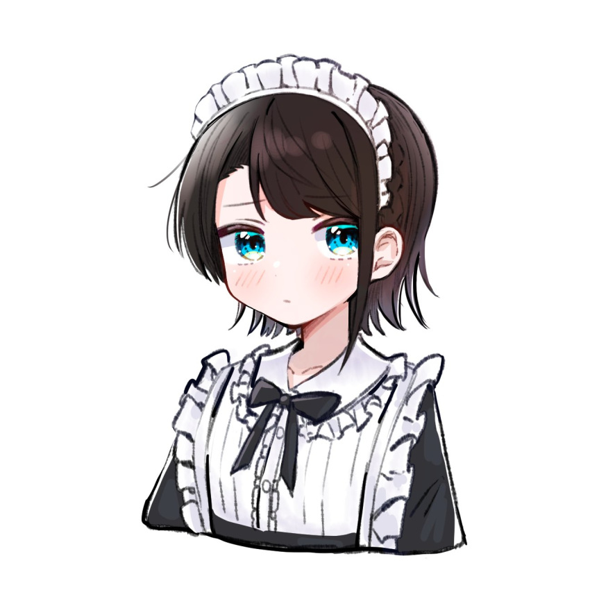 1girl alternate_costume apron bangs black_bow black_neckwear blue_eyes blush bow braid breasts brown_hair collarbone commentary_request enmaided eyebrows_visible_through_hair frilled_apron frills highres hololive kirome_toru_2 looking_at_viewer maid maid_apron maid_headdress oozora_subaru shiny shiny_hair short_hair sidelocks simple_background solo swept_bangs upper_body virtual_youtuber white_background