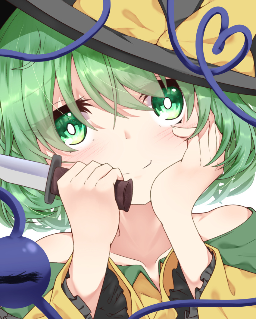 1girl bangs bare_shoulders black_headwear blush close-up commentary eyeball eyebrows_behind_hair frilled_shirt frills green_eyes green_hair hands_on_own_cheeks hands_on_own_face hat hat_ribbon head_tilt heart heart_of_string highres holding holding_knife knife koishi_day komeiji_koishi long_sleeves portrait rankasei ribbon shirt simple_background smile solo third_eye touhou white_background yellow_ribbon yellow_shirt