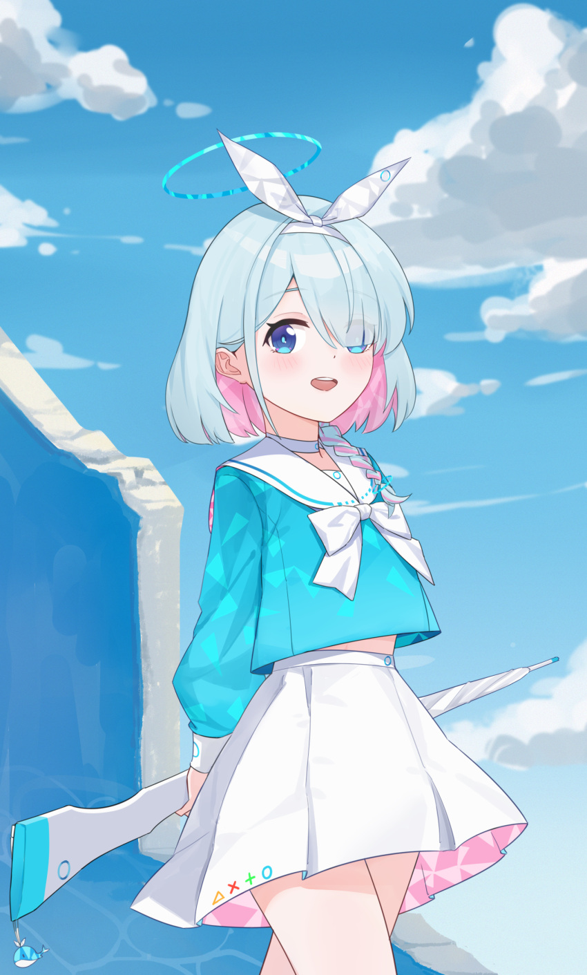 1girl absurdres arms_behind_back arona_(blue_archive) blue_archive blue_eyes blue_hair blue_shirt blue_sky blush braid choker clouds cloudy_sky colored_inner_hair commentary cowboy_shot hair_over_one_eye hair_ribbon highres holding holding_umbrella looking_at_viewer midriff_peek multicolored_hair ni_de_pengyou one_eye_covered open_mouth outdoors pink_hair ribbon sailor_collar school_uniform serafuku shirt short_hair skirt sky smile solo standing streaked_hair umbrella white_choker white_ribbon white_sailor_collar white_skirt