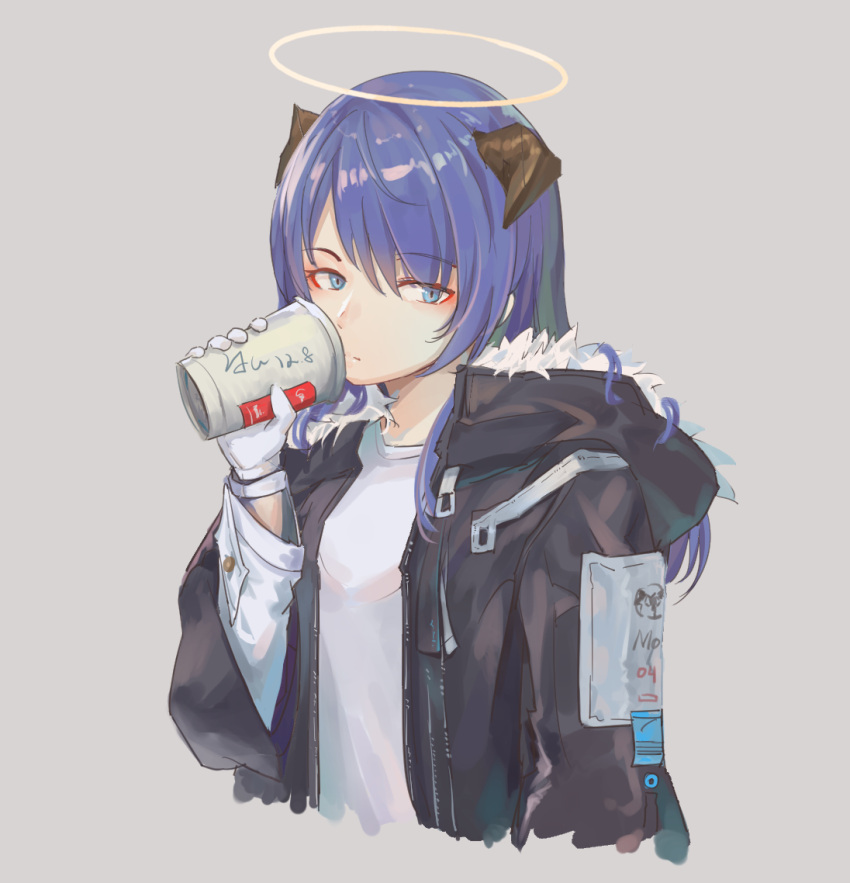 1girl arknights bangs black_jacket blue_eyes blue_hair closed_mouth coffee_cup cup disposable_cup drinking eyebrows_visible_through_hair eyes_visible_through_hair fur_trim gloves grey_background halo horns jacket kuweichuanxin_jr long_hair long_sleeves looking_away mostima_(arknights) shirt simple_background solo white_gloves white_shirt zipper