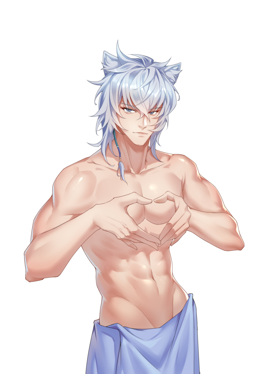 1boy abs absurdres aluo_7762 animal_ears arknights bangs collarbone eyebrows_visible_through_hair grey_eyes groin hair_between_eyes heart heart_hands highres leopard_ears looking_at_viewer male_focus muscular shirtless short_hair silver_hair silverash_(arknights) simple_background upper_body white_background