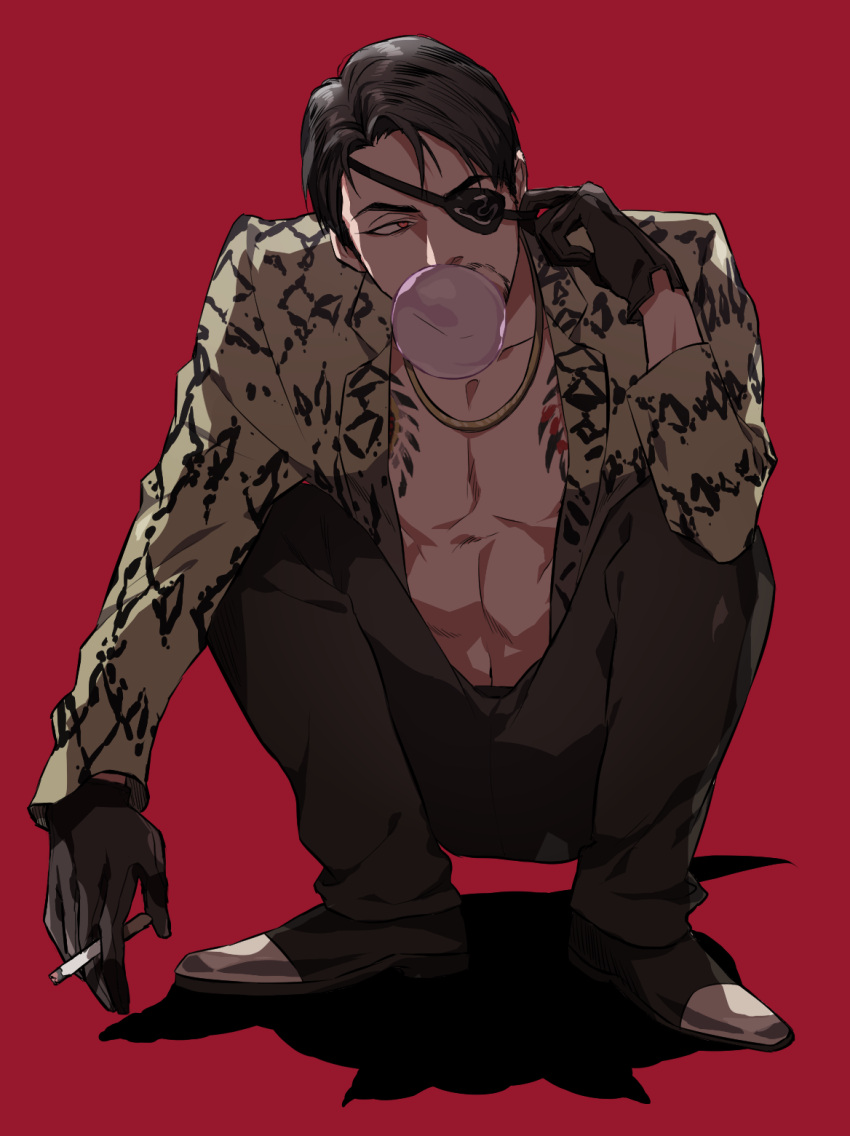 1boy adjusting_eyepatch animal_print black_footwear black_gloves black_hair black_pants bubble chewing_gum cigarette gloves gold_necklace highres jacket jewelry leather leather_gloves majima_gorou male_focus mature_male necklace one-eyed open_clothes open_jacket pants print_eyepatch red_background red_eyes ryuu_ga_gotoku samuraisamurai shadow shoes short_hair snake_print squatting