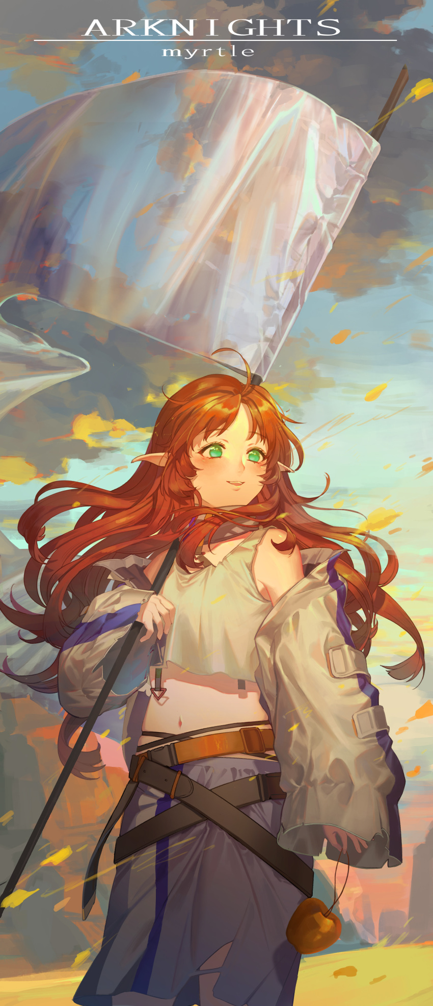 1girl absurdres ahoge apple arknights belt blush character_name copyright_name crop_top flag food fruit green_eyes highres holding holding_flag long_hair long_sleeves midriff myrtle_(arknights) navel open_mouth outdoors pointy_ears qianjingya redhead solo standing white_flag wide_sleeves