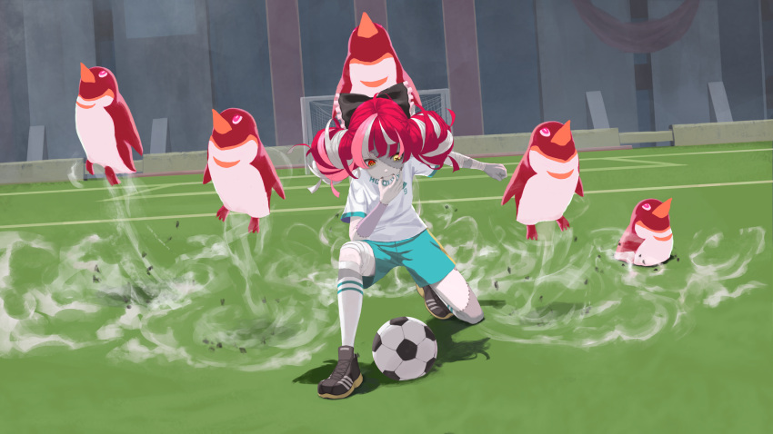 1girl ball bird bow colored_skin commentary_request double_bun grey_hair hair_bow heterochromia highres hololive hololive_indonesia inazuma_eleven_(series) jersey kneeling kureiji_ollie laing multicolored_hair parody patchwork_skin penguin red_eyes redhead short_sleeves shorts soccer_ball soccer_field soccer_uniform sportswear stadium stitched_face stitches virtual_youtuber whistling white_hair yellow_eyes zombie