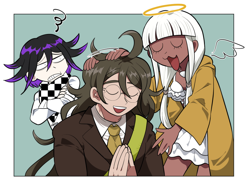 1girl 2boys ahoge bangs black_hair border brown_hair brown_jacket checkered checkered_neckwear checkered_scarf clenched_teeth closed_eyes commentary_request crossed_arms dangan_ronpa_(series) dangan_ronpa_v3:_killing_harmony dark_skin dark_skinned_male detached_wings furukawa_(yomawari) glasses gokuhara_gonta green_background green_hair green_neckwear halo hands_clasped hands_together headpat highres jacket long_hair long_sleeves low_twintails messy_hair multiple_boys necktie open_mouth ouma_kokichi own_hands_together purple_hair scarf shell shell_bikini shiny shiny_hair skirt smile squiggle teeth twintails white_border white_hair white_jacket white_skirt wings yellow_jacket yonaga_angie