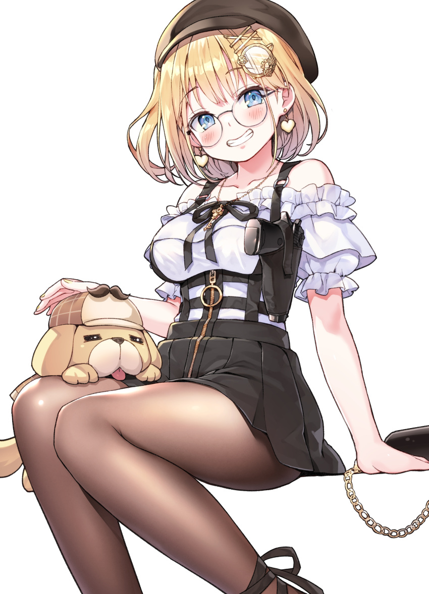 1girl absurdres ayaoshiro bag bangs bare_shoulders black_skirt blonde_hair blue_eyes blush breasts brown_legwear bubba_(watson_amelia) collarbone commentary_request dog earrings glasses grin gun hair_ornament hairclip handbag handgun hat heart heart_earrings highres hololive hololive_english holster holstered_weapon jewelry looking_at_viewer medium_breasts monocle_hair_ornament official_alternate_costume pantyhose partial_commentary pistol round_eyewear short_hair simple_background skirt smile solo watson_amelia weapon white_background zipper
