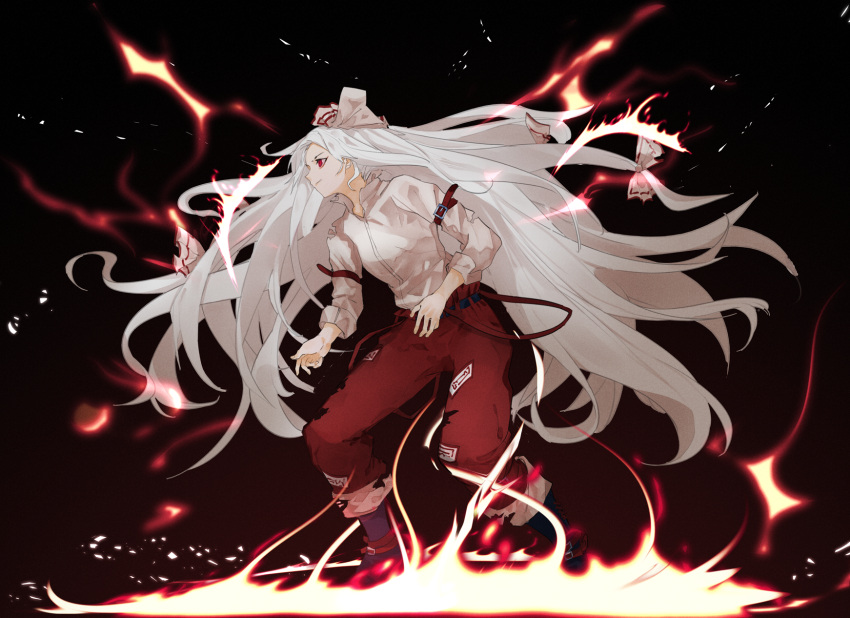 1girl black_background buckle burnt_clothes closed_mouth dress_shirt fire floating_hair fujiwara_no_mokou full_body hair_ribbon highres ikurauni long_hair looking_away pants pose red_eyes red_pants ribbon serious shirt simple_background solo standing suspenders touhou tress_ribbon very_long_hair white_hair white_shirt