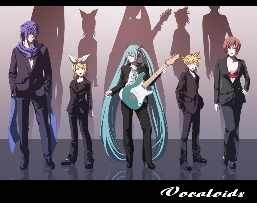 ghost_in_the_shell ghost_in_the_shell_lineup ghost_in_the_shell_stand_alone_complex guitar hatsune_miku instrument kagamine_len kagamine_rin kaito lineup meiko pant_suit parody strat(guitar) suit tsukumo twintails vocaloid