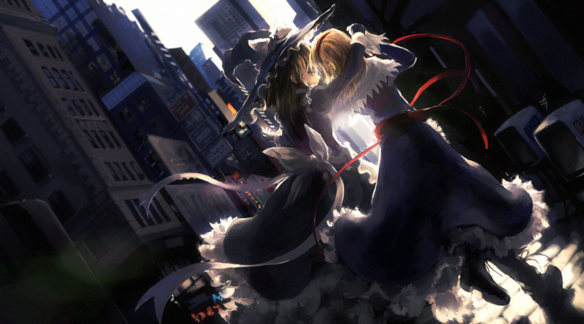 alice_margatroid apron archlich arm_around_neck bangs black_dress blue_dress boots bow building capelet city cityscape contemporary dress dutch_angle frills from_behind gloves hat hat_bow holding_hands kirisame_marisa light_smile looking_at_viewer looking_back multiple_girls profile ribbon sash sky street touhou waist_apron walking witch_hat yellow_eyes