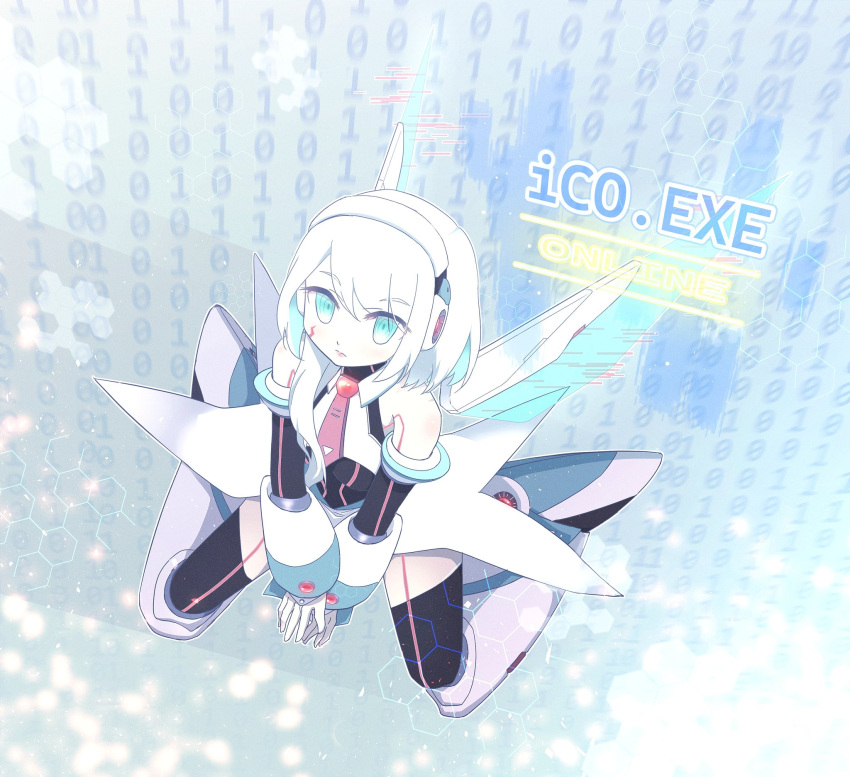 1girl binary black_thighhighs blue_eyes character_name closed_mouth commentary english_commentary english_text from_above full_body hair_between_eyes highres ico_(megaman_x_dive) looking_at_viewer looking_up mega_man_(series) mega_man_x_(series) mega_man_x_dive pupuypuyu robot_girl sitting solo thigh-highs wariza white_hair