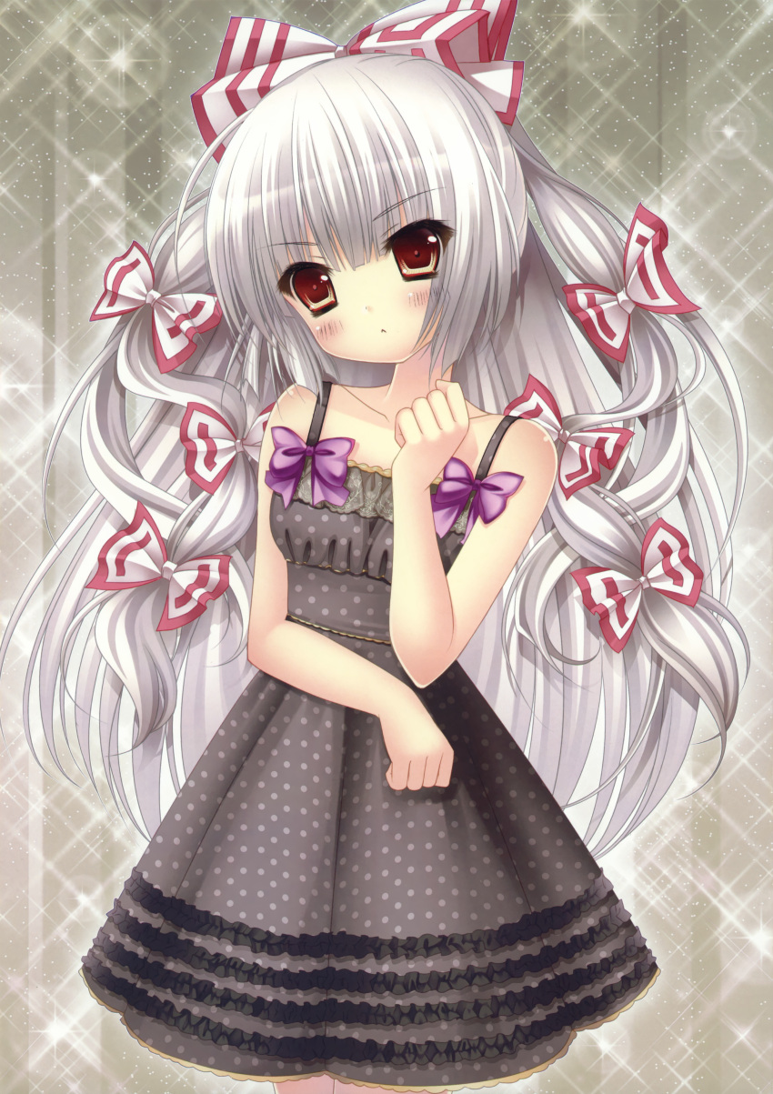 absurdres alternate_costume bare_shoulders bow dress fujiwara_no_mokou hair_bow hair_ribbon highres kino_(kino_konomi) kino_konomi long_hair payot polka_dot polka_dot_dress red_eyes ribbon silver_hair solo sparkle touhou