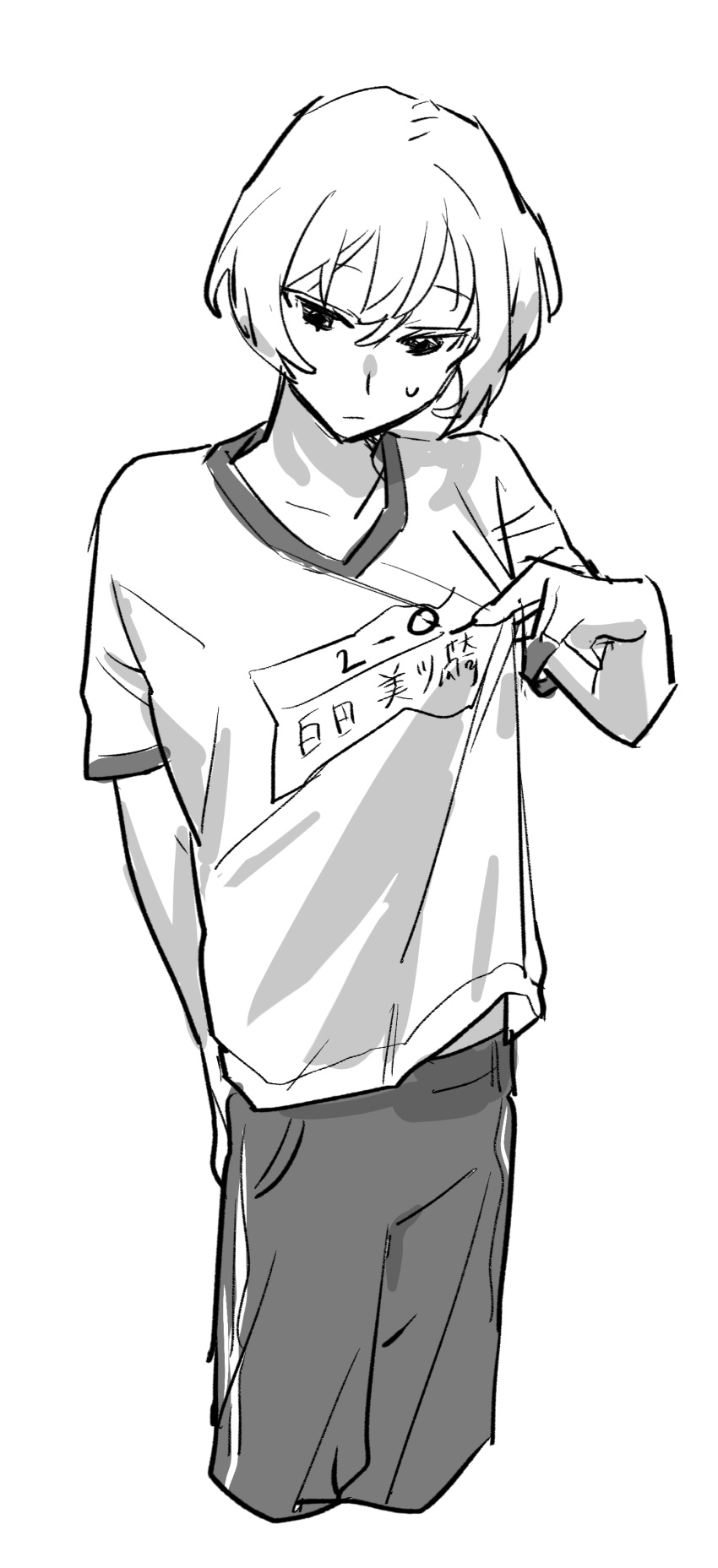 1boy absurdres androgynous clothes_tug commentary cropped_legs greyscale gym_uniform highres jack_jeanne male_focus monochrome pants shirota_mitsuki short_hair short_sleeves simple_background solo sweatdrop white_background yumu1059