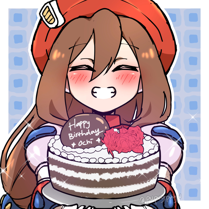 1girl absurdres artist_name blush border brown_hair cake commentary english_commentary english_text facing_viewer food gift_art hair_between_eyes happy_birthday hat highres holding holding_cake holding_food iris_(mega_man) long_hair mega_man_(series) mega_man_x_(series) outside_border pupuypuyu red_hat solo teeth twitter_username upper_body white_border