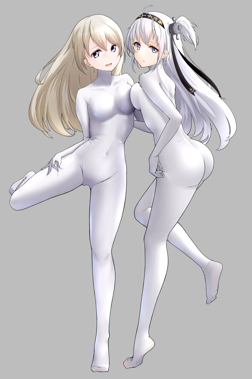 absurdres blonde_hair blue_eyes bodystocking bodysuit collarbone commentary_request covered_navel eila_ilmatar_juutilainen grey_background hairband hand_on_hip highres j.c.14 kantai_collection looking_at_viewer skin_tight strike_witches suzutsuki_(kancolle) tiptoes violet_eyes white_bodysuit white_hair world_witches_series zentai