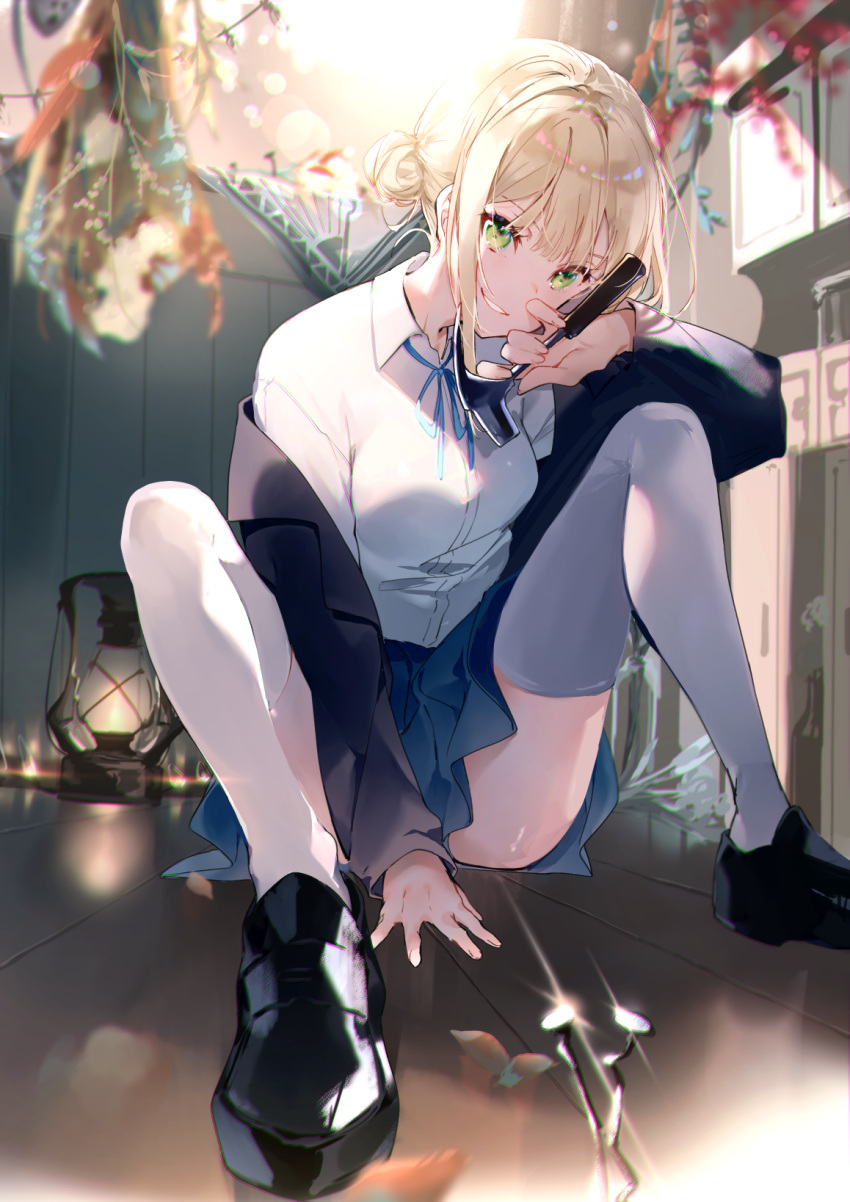 1girl bangs black_footwear black_jacket blonde_hair blue_ribbon blue_skirt breasts collared_shirt commentary_request fingernails green_eyes grin hair_bun hammer hand_on_floor hand_on_own_cheek hand_on_own_face highres holding indoors jacket jacket_partially_removed lamp looking_at_viewer miwano_ragu nail neck_ribbon open_mouth original parted_lips pleated_skirt reflection reflective_floor ribbon school_uniform shade shadow shirt shoes short_hair side_bun sidelocks sitting sitting_on_floor skirt smile solo sunlight teeth thigh-highs weapon white_legwear white_shirt