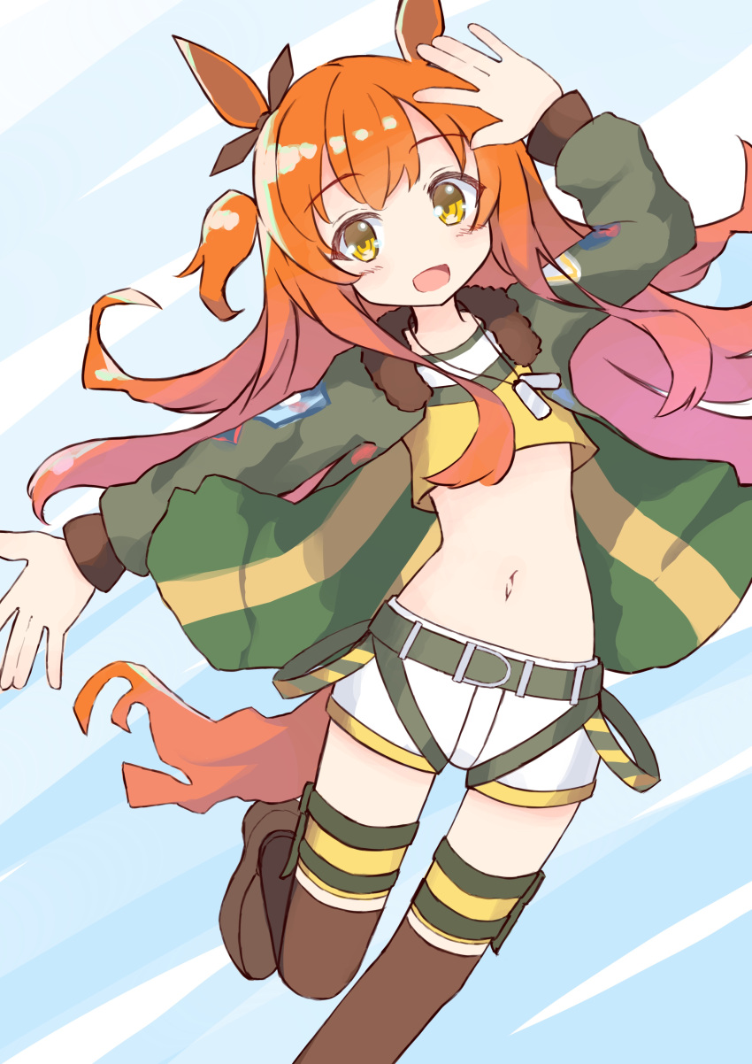 1girl :d absurdres animal_ears arm_up bangs blush brown_eyes brown_footwear brown_legwear brown_ribbon commentary_request crop_top ear_ribbon eyebrows_visible_through_hair feet_out_of_frame green_jacket highres horse_ears horse_girl horse_tail ichi jacket long_hair long_sleeves looking_at_viewer mayano_top_gun_(umamusume) midriff navel open_clothes open_jacket open_mouth orange_hair ribbon shirt shoes short_shorts shorts smile solo standing standing_on_one_leg tail thigh-highs twintails two_side_up umamusume very_long_hair white_shorts yellow_shirt