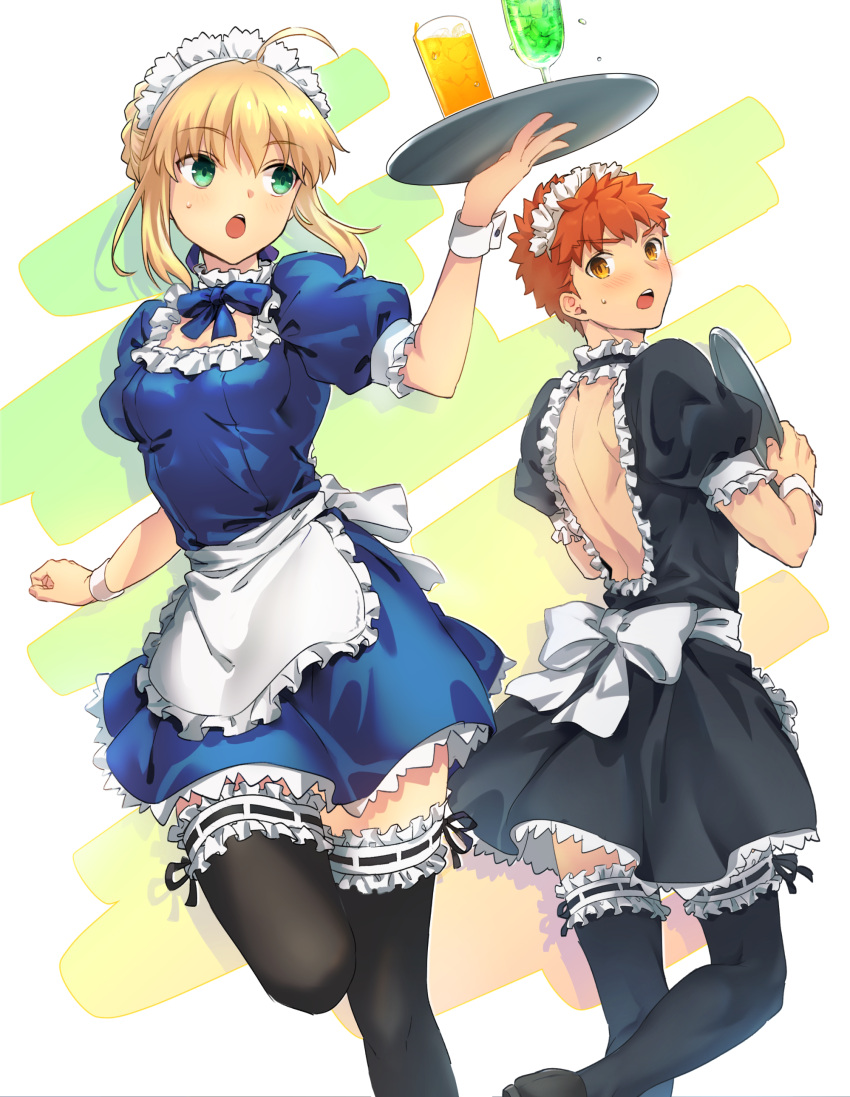 1boy 1girl :o absurdres ahoge alternate_costume apron artoria_pendragon_(all) back_bow backless_dress backless_outfit black_dress black_legwear blonde_hair blue_bow blue_dress blush bow bowtie cowboy_shot crossdressinging cup dress drinking_glass emiya_shirou enmaided fate/stay_night fate_(series) frilled_apron frilled_dress frilled_legwear frills green_eyes highres holding holding_tray looking_to_the_side maid maid_headdress messy_hair multicolored multicolored_background open_mouth orange_hair saber short_dress short_hair sidelocks standing standing_on_one_leg thigh-highs tray tuto_(mokuchin09) white_apron white_bow wrist_cuffs yellow_eyes zettai_ryouiki