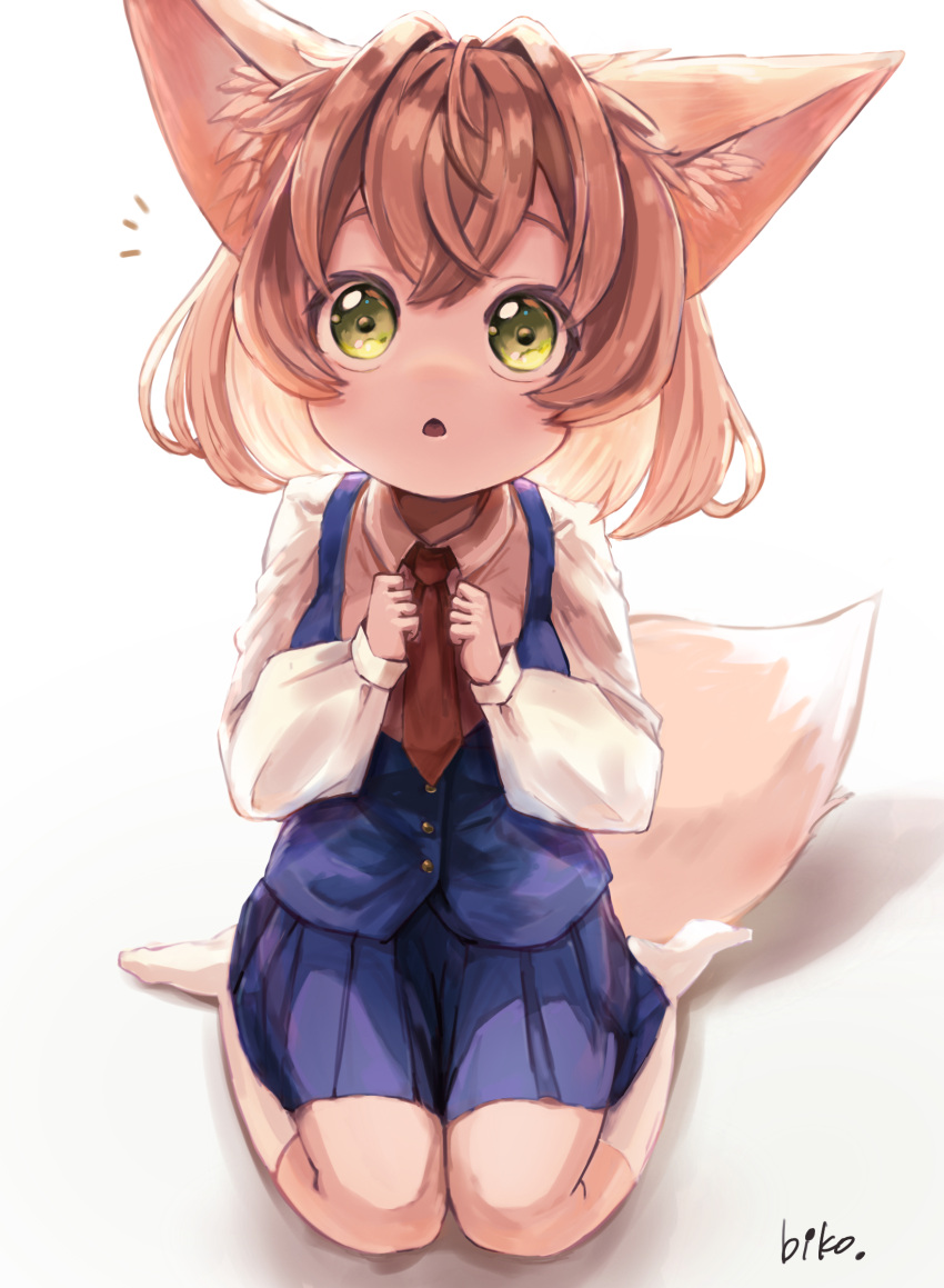 1girl :o animal_ear_fluff animal_ears blue_skirt blue_vest child fox_ears fox_tail full_body green_eyes highres light_brown_hair long_sleeves looking_up necktie original pleated_skirt shinbiko shirt short_hair sitting skirt socks tail vest wariza white_legwear white_shirt