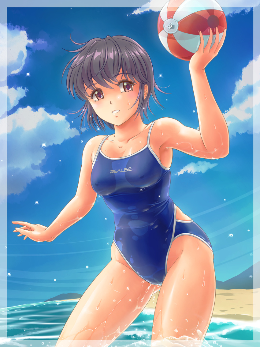 1girl arm_up ball bangs beach beachball black_hair blue_sky breasts brown_eyes clouds commentary_request competition_school_swimsuit competition_swimsuit covered_nipples day highres holding holding_ball medium_breasts ocean one-piece_swimsuit open_mouth original outdoors outstretched_arm short_hair sky smile solo standing swimsuit tamanegiinyo wading water water_drop waves wet