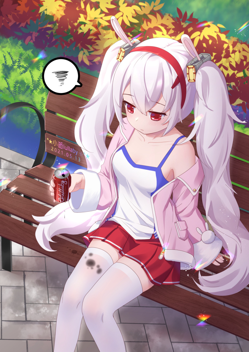 1girl animal_ears artist_name azur_lane bangs bench chinese_commentary commentary_request dated drink expressionless eyebrows_visible_through_hair foliage from_above hair_between_eyes headband highres holding holding_drink jacket laffey_(azur_lane) looking_down pavement pink_jacket pleated_skirt red_eyes red_headband red_skirt shirt sidelocks sitting skirt soda solo spoken_squiggle squiggle stained_clothes twintails white_hair white_legwear white_shirt xiao_shi_lullaby