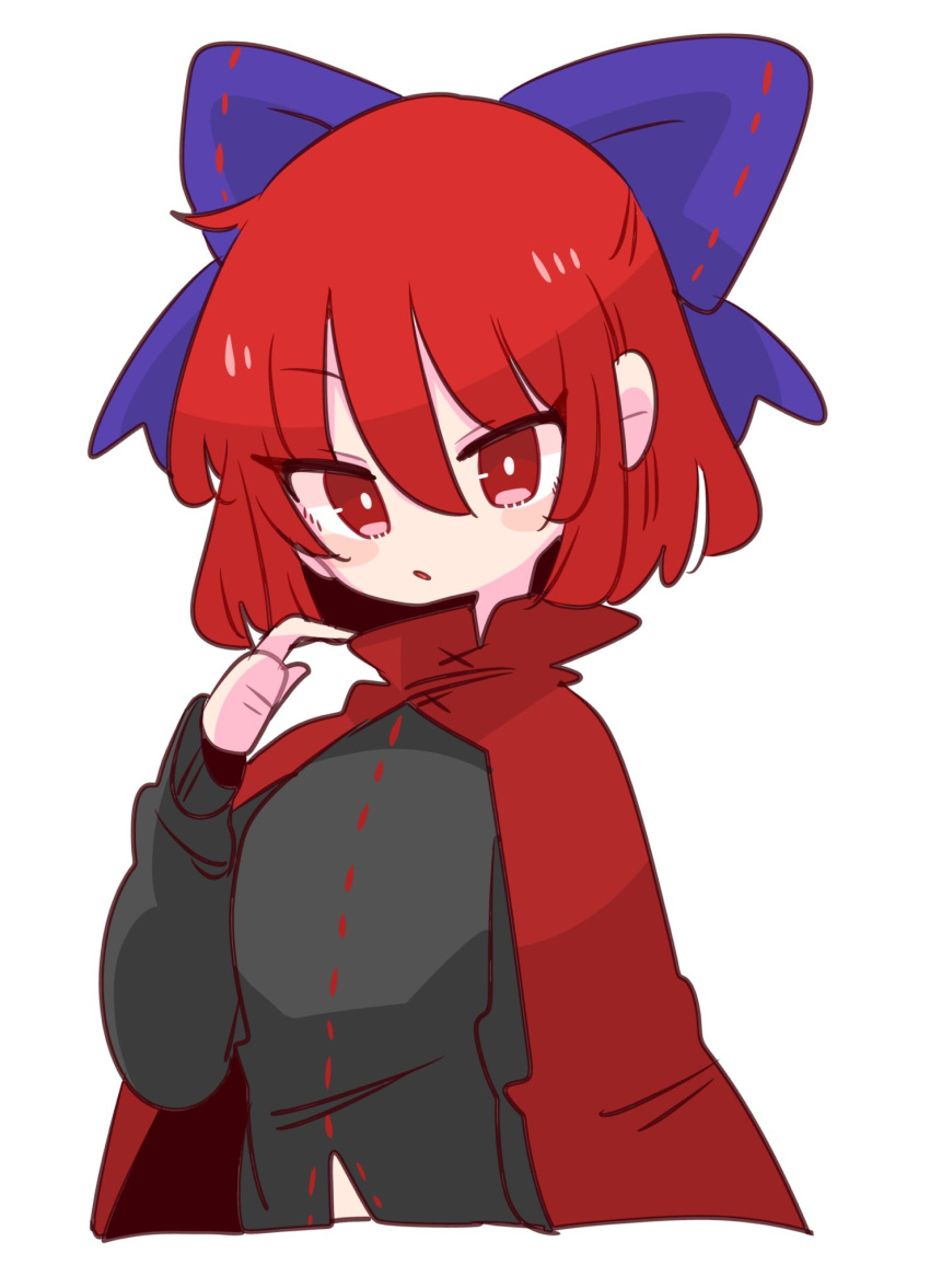 1girl black_shirt blue_bow bow cape cloak disembodied_head dullahan hair_bow high_collar highres long_sleeves miniskirt nukekubi op_na_yarou red_cape red_cloak red_eyes red_skirt redhead sekibanki shirt short_hair skirt touhou