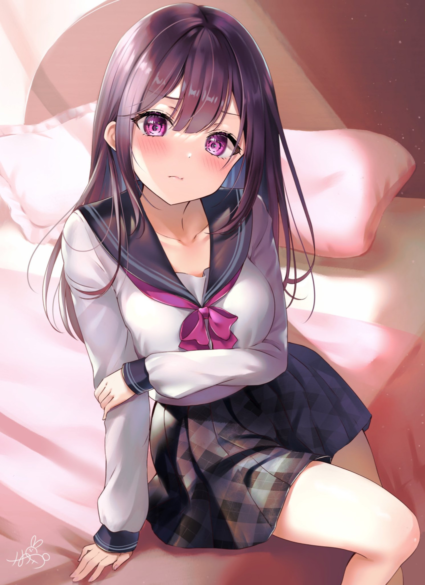 1girl arm_support bed bed_sheet black_skirt blanket blue_sailor_collar blush bow bowtie closed_mouth frown head_tilt highres indoors long_hair long_sleeves looking_at_viewer mizukanayuki on_bed original pillow pink_eyes plaid plaid_skirt pleated_skirt purple_hair red_bow red_neckwear sailor_collar school_uniform serafuku shirt signature sitting sitting_on_bed skirt solo white_shirt