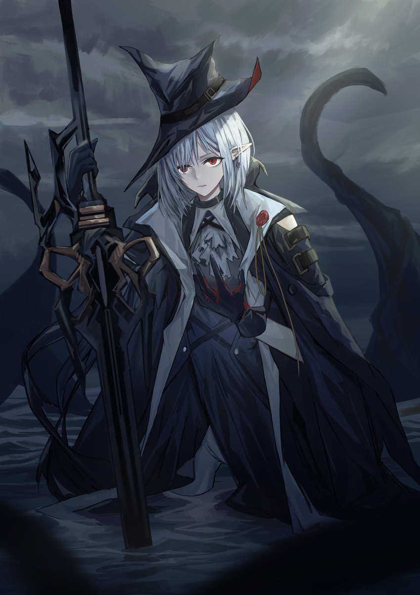 1girl absurdres arknights ascot black_coat black_dress black_gloves black_headwear blood bloody_hands cape coat cowboy_shot dress earrings english_commentary gladiia_(arknights) gloves hat highres holding holding_spear holding_weapon jewelry looking_away outdoors pants planted_spear pointy_ears polearm red_eyes silver_hair spear tentacles tight tight_pants wading water weapon white_neckwear white_pants xiaomai_yorik