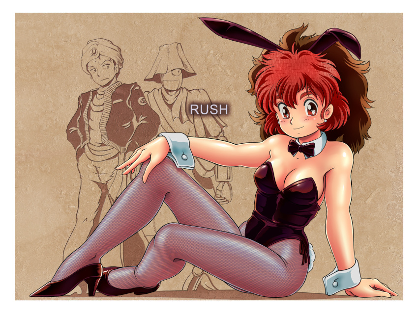 1girl 2boys alicia_(riot/rush) animal_ears bow bowtie brown_hair bunny_tail commentary_request detached_collar highres mani_(riot/rush) multicolored_hair multiple_boys pantyhose parody playboy_bunny rabbit_ears redhead riot/rush shinda_mane_(style) short_hair style_parody tail tamanegiinyo tedesco_(riot/rush) two-tone_hair wrist_cuffs